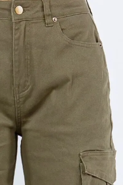 American Bazi Full Size Button Waist High Rise Cargo Pants