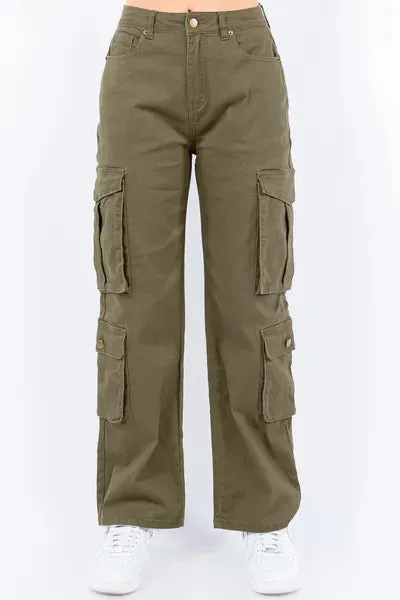 American Bazi Full Size Button Waist High Rise Cargo Pants