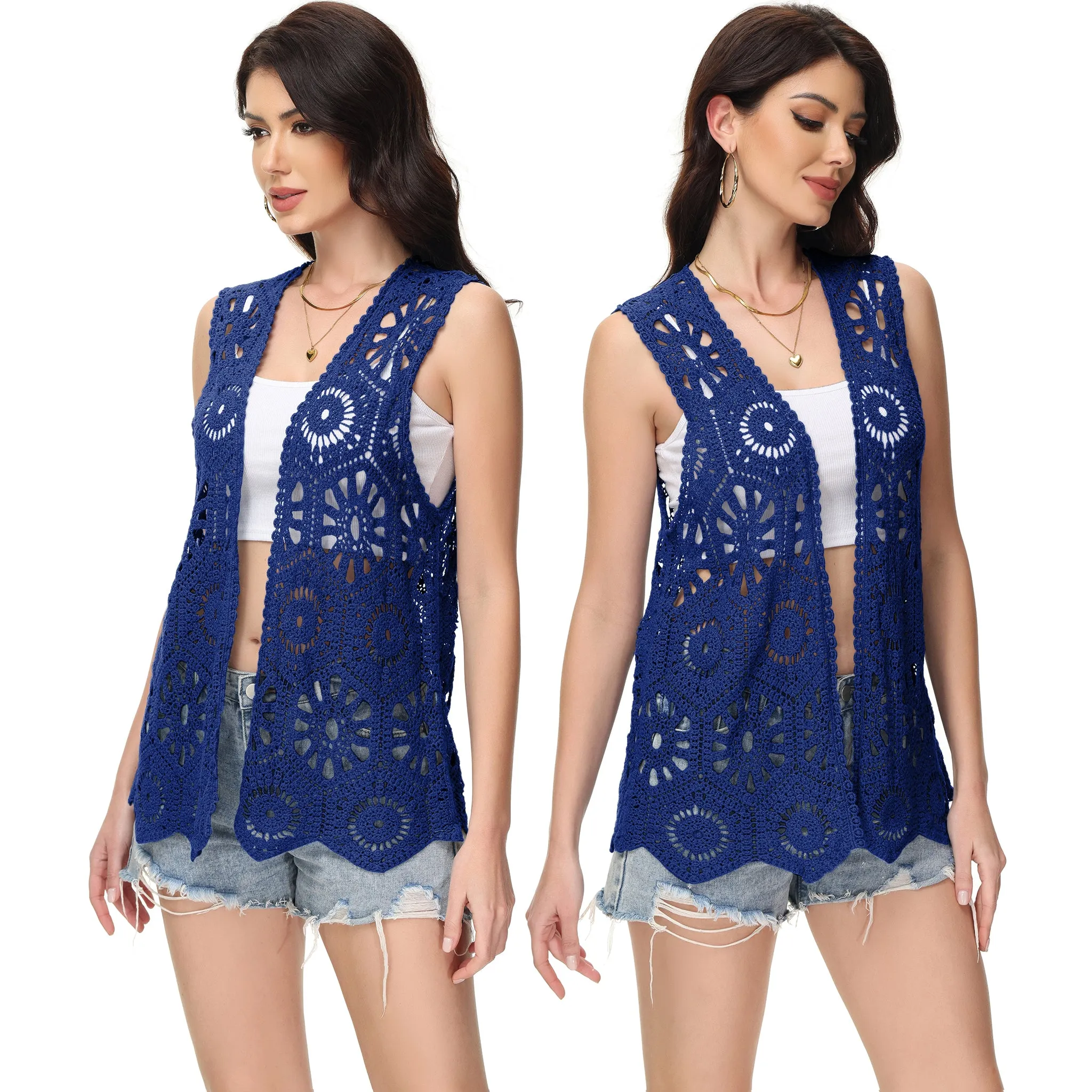 Anna-Kaci Womens Floral Crochet Cardigan Lace Trim Sleeveless Open Front Vest
