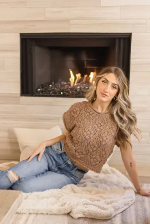 Annalise Short Sleeve Crochet Cropped Sweater Top Brown