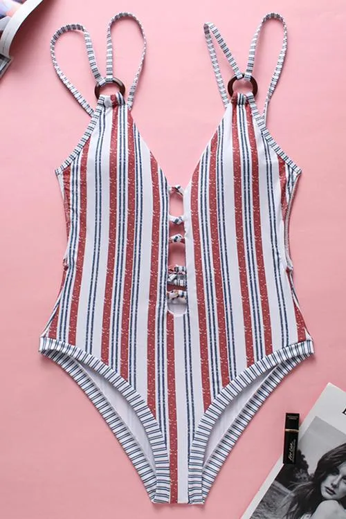 Backless Striped Multicolor One-piece Swimsuit