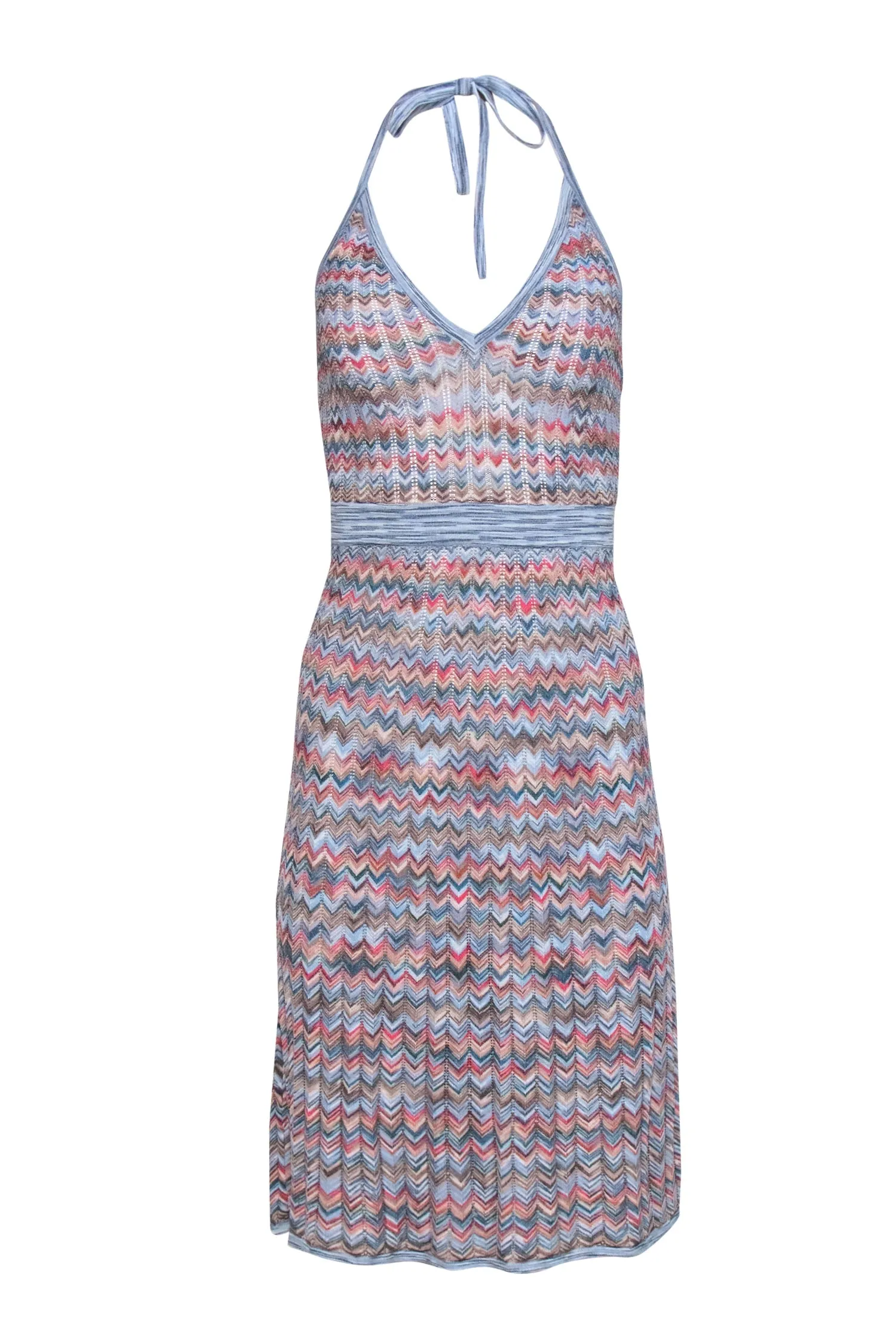 BCBG Max Azria - Blue & Multicolor Chevron Ribbed Knit Halter Dress Sz XS