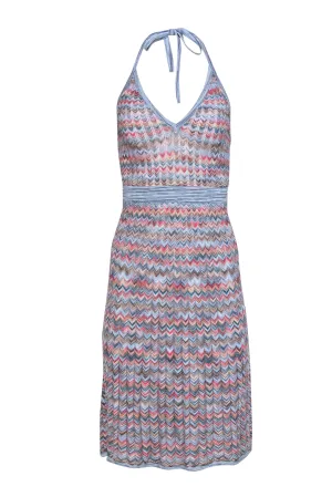 BCBG Max Azria - Blue & Multicolor Chevron Ribbed Knit Halter Dress Sz XS