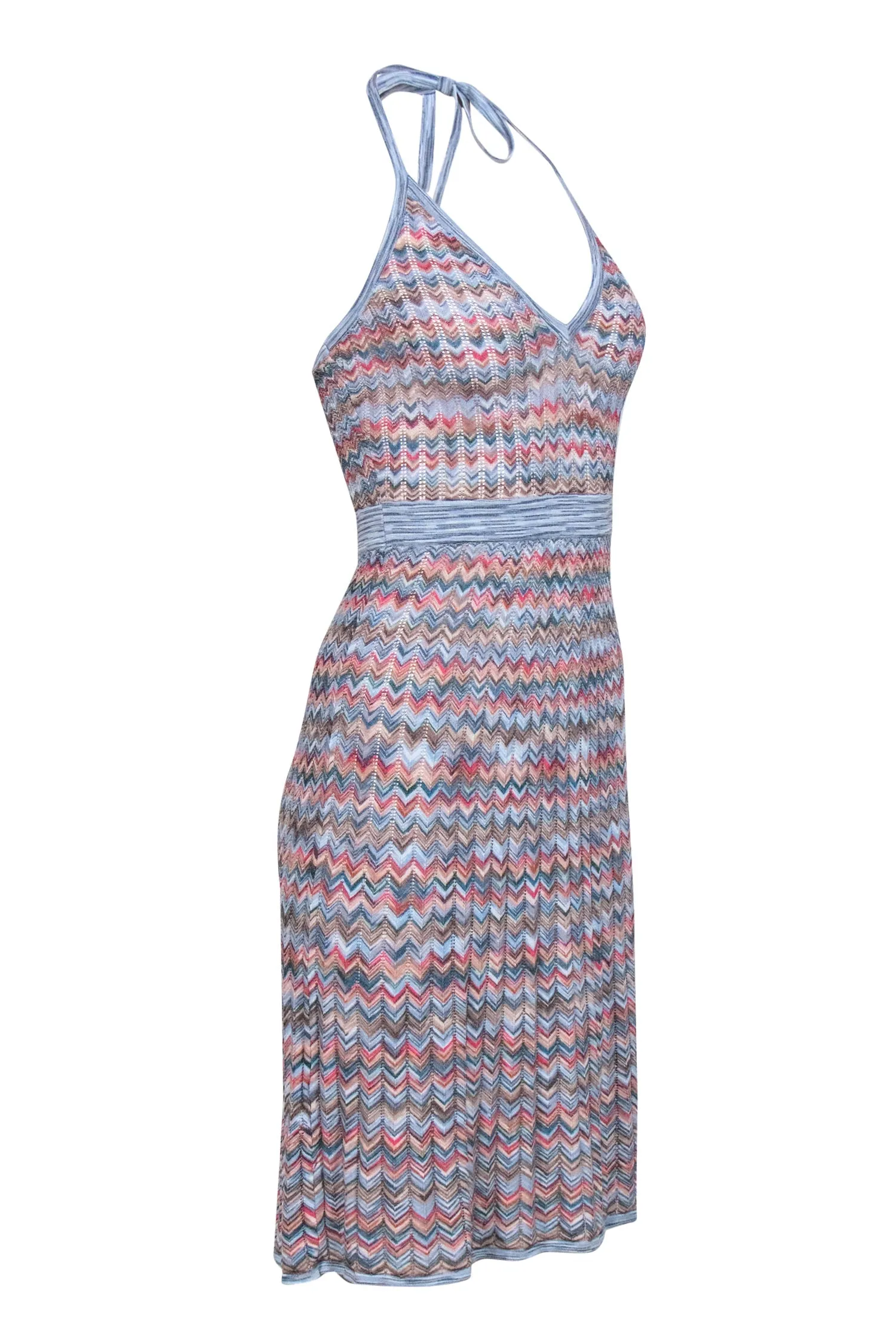 BCBG Max Azria - Blue & Multicolor Chevron Ribbed Knit Halter Dress Sz XS