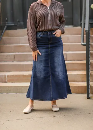 Bethany Dark Wash A-line Long Denim Skirt