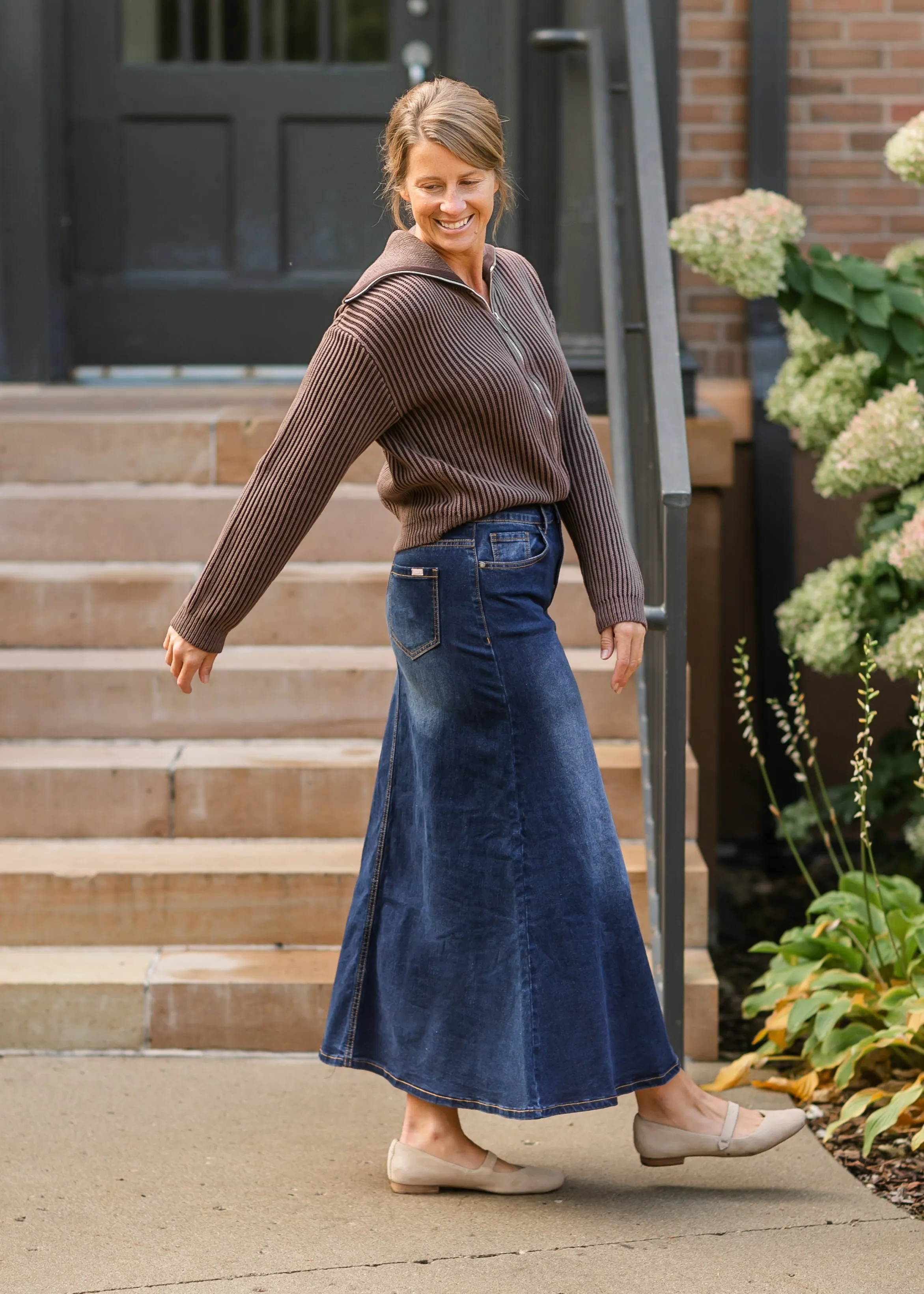 Bethany Dark Wash A-line Long Denim Skirt