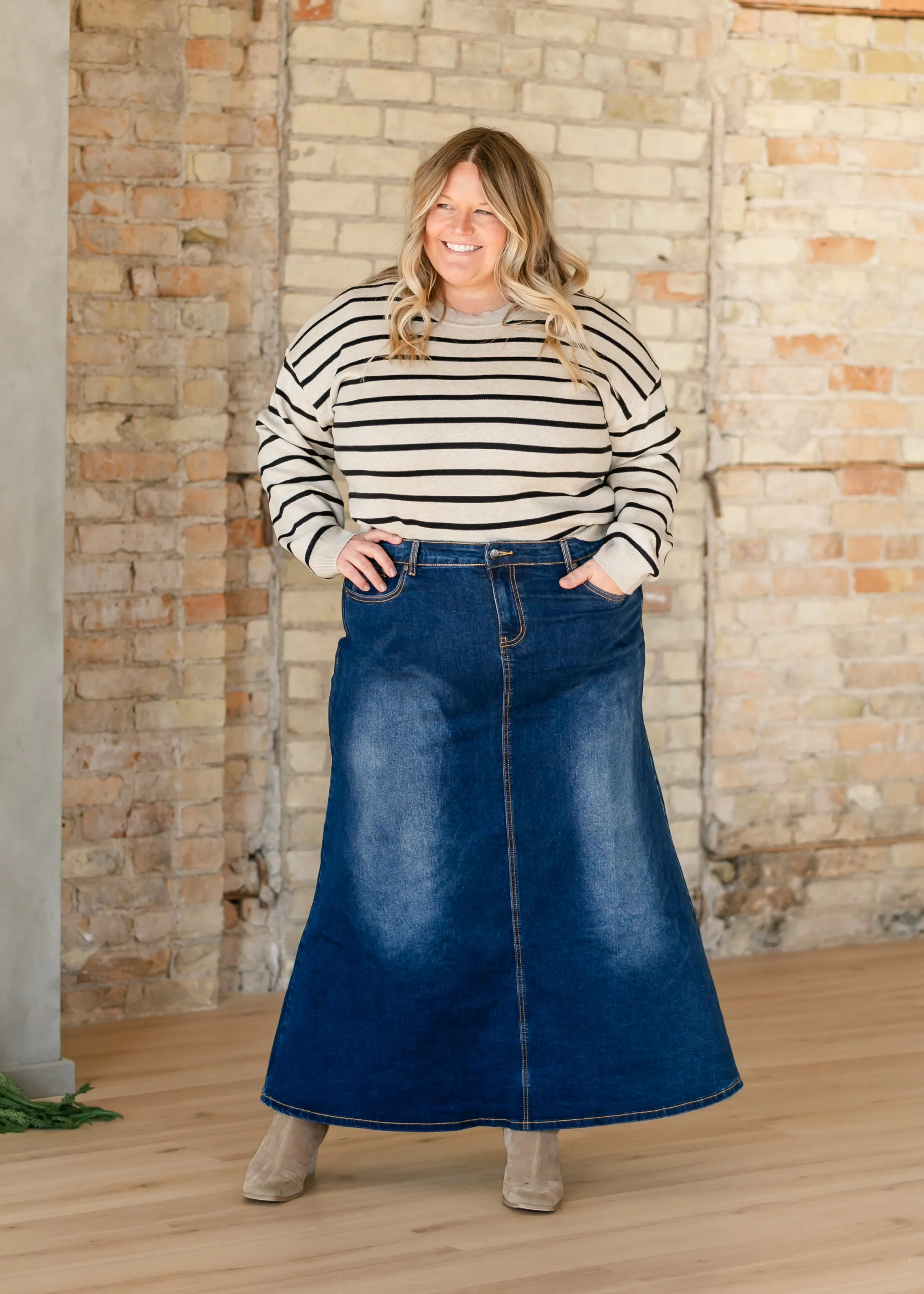 Bethany Dark Wash A-line Long Denim Skirt