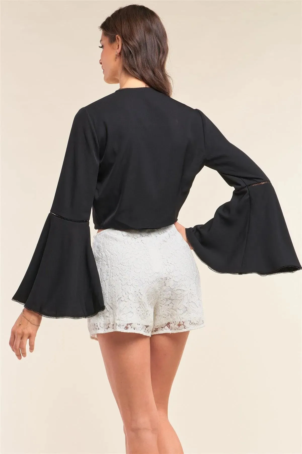 Black Self-Tie Front Long Angel Sleeve Cropped Top