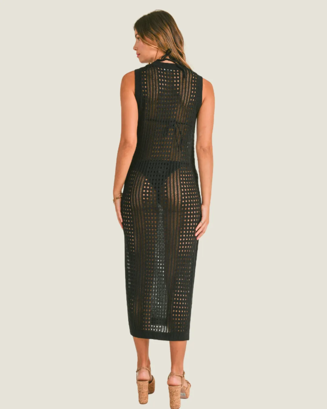 Black Sleeveless Crochet Midi Dress Coverup
