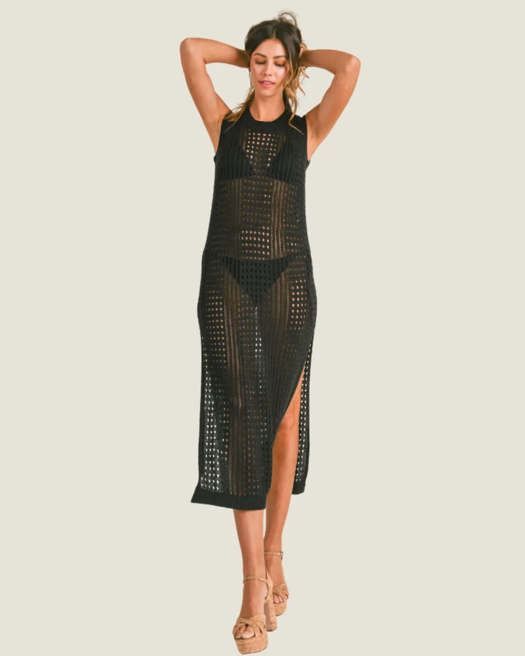 Black Sleeveless Crochet Midi Dress Coverup