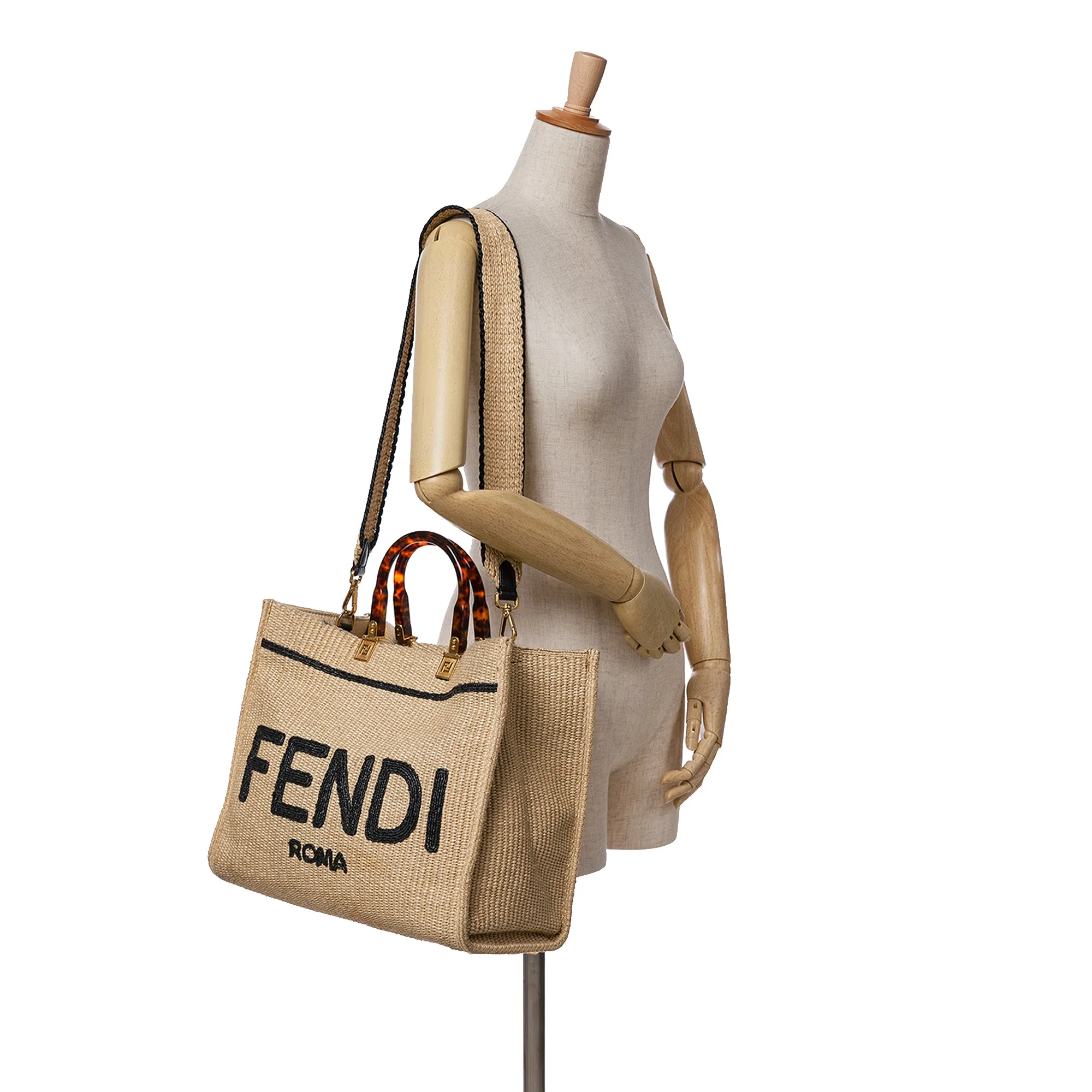 Brown Fendi Medium Sunshine Raffia Tote Satchel
