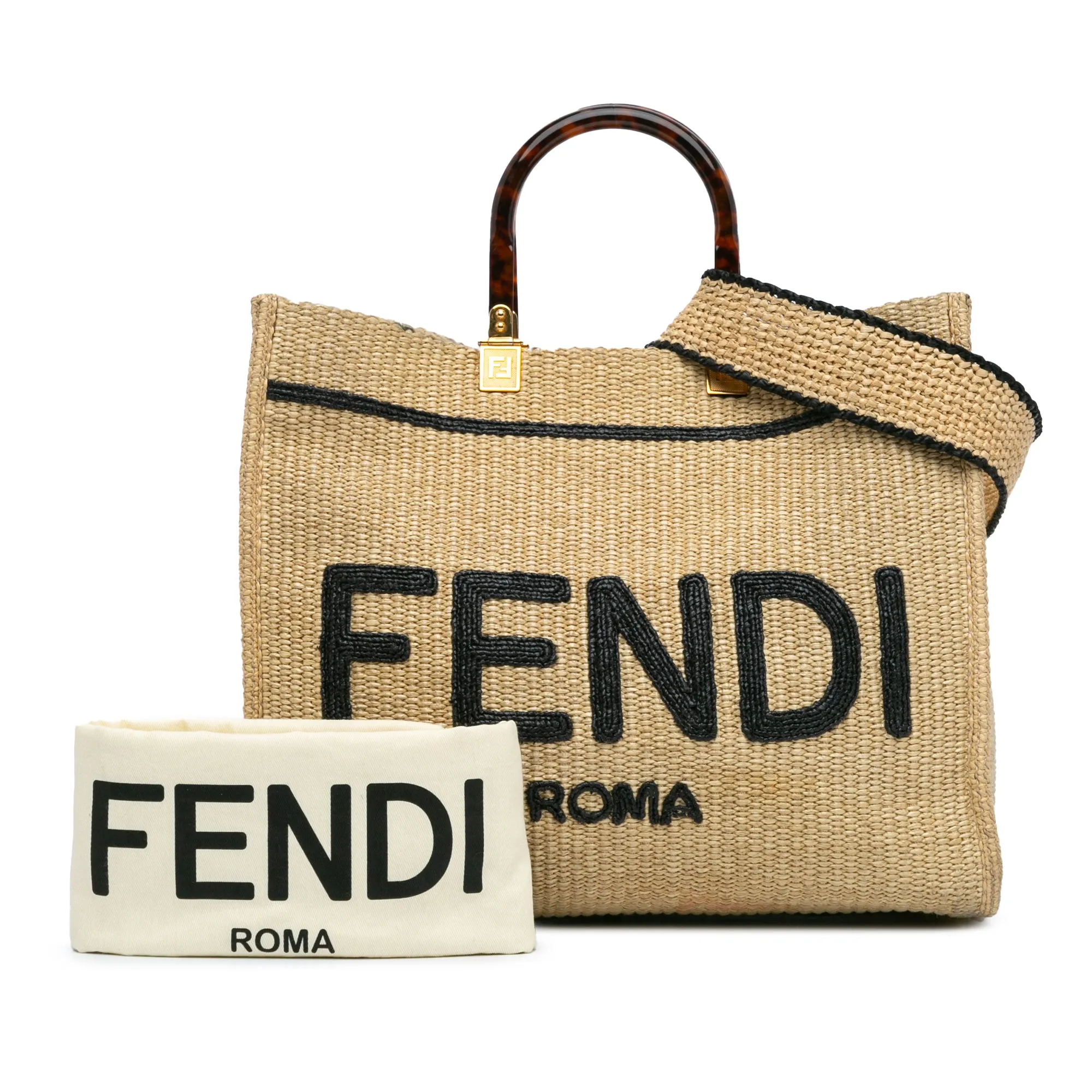 Brown Fendi Medium Sunshine Raffia Tote Satchel