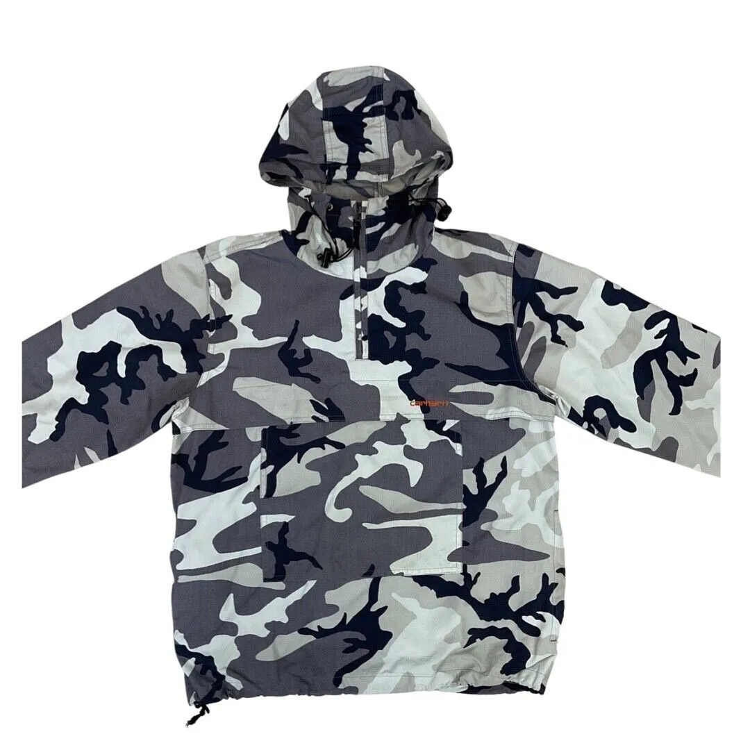 Carhartt Black & Grey Camouflage Print Pull-Over Hooded Windbreaker Medium