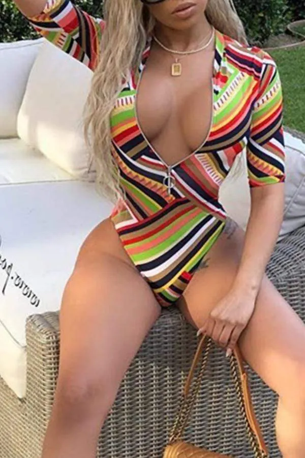 Casual  Striped Printed One-piece Swimwears