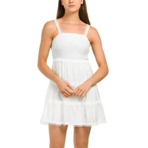 ELAN Women's Crochet Trim Smocked Top Tiered Cover-up Mini Dress