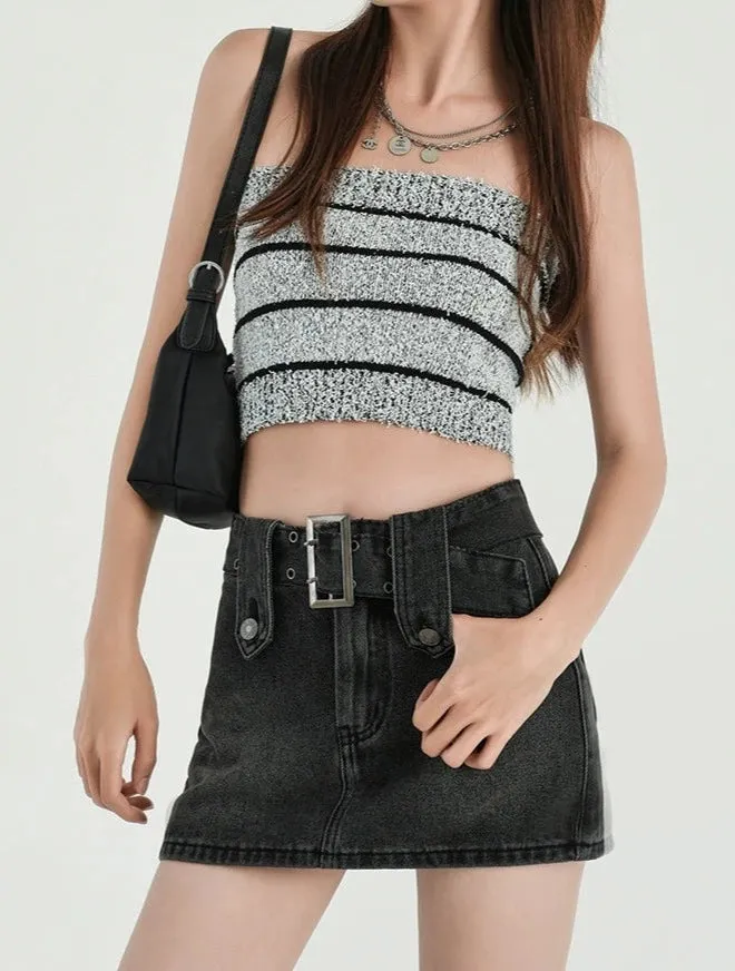 Faded Denim Skort Mini Skirt with Belt