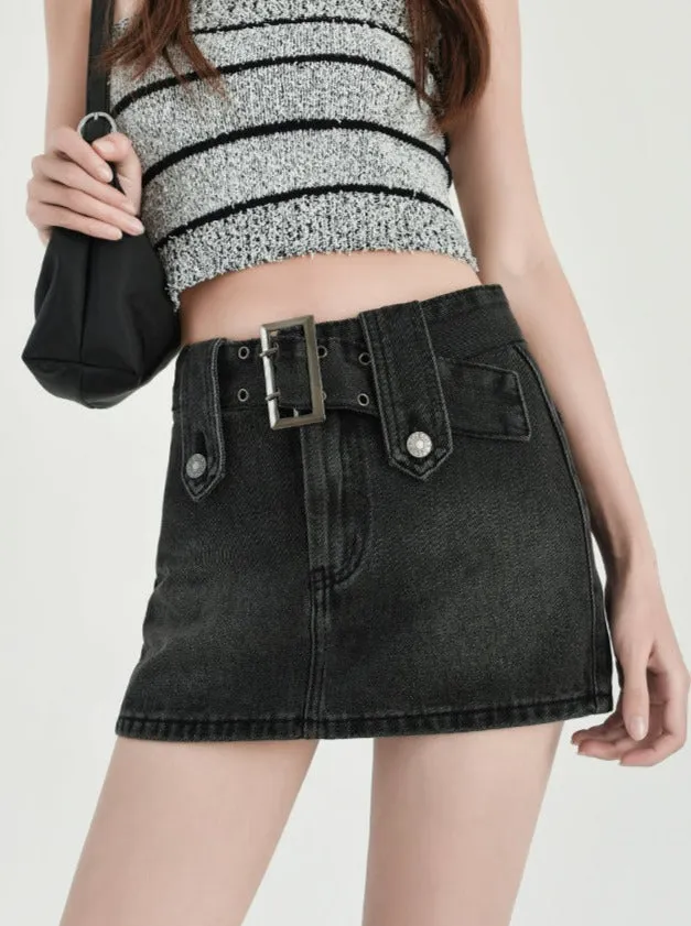 Faded Denim Skort Mini Skirt with Belt