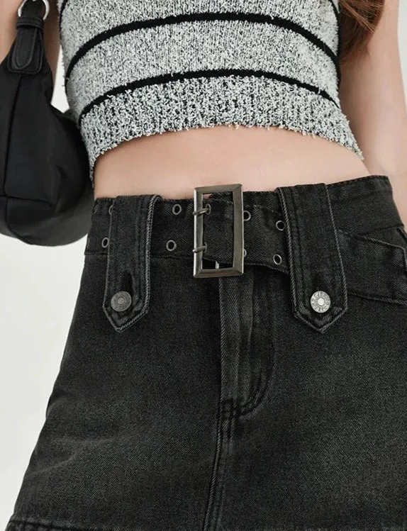Faded Denim Skort Mini Skirt with Belt