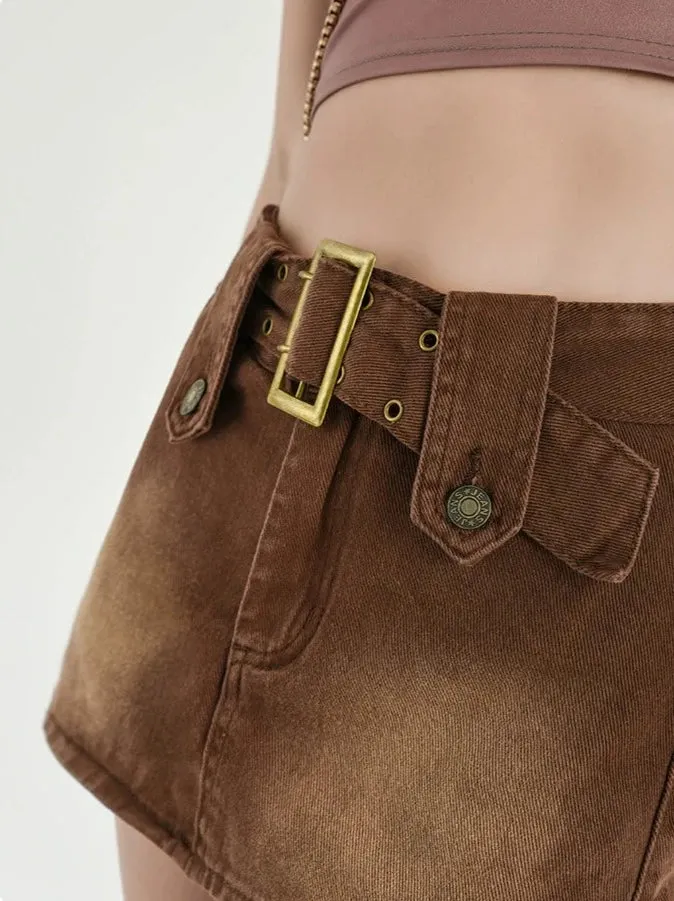 Faded Denim Skort Mini Skirt with Belt