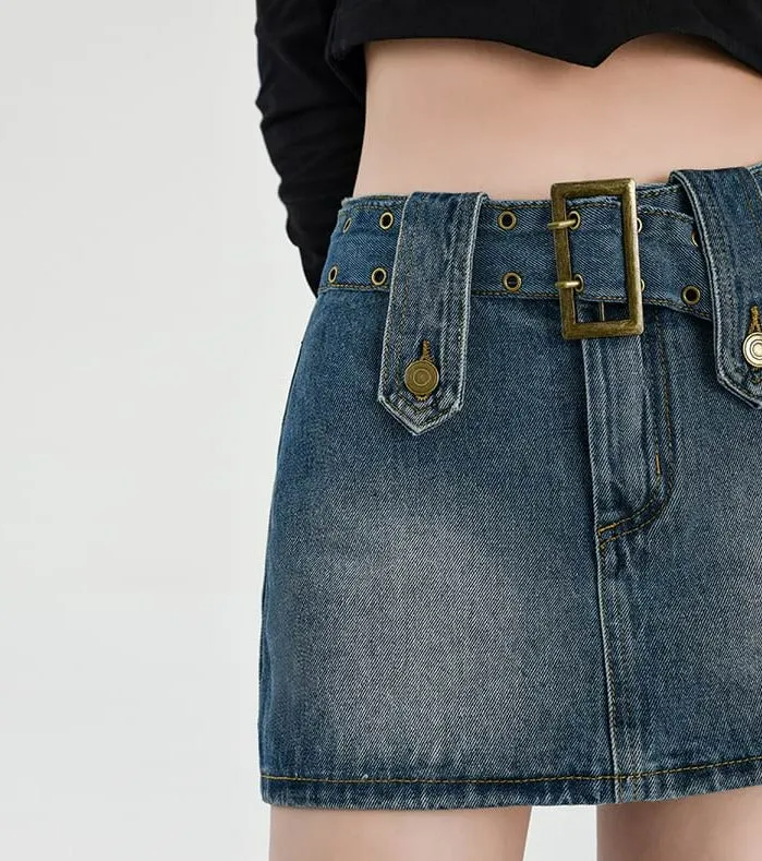 Faded Denim Skort Mini Skirt with Belt