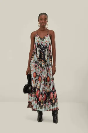 Farm Rio Blue Flowing Beauty Pleated Sleeveless Midi Dress
