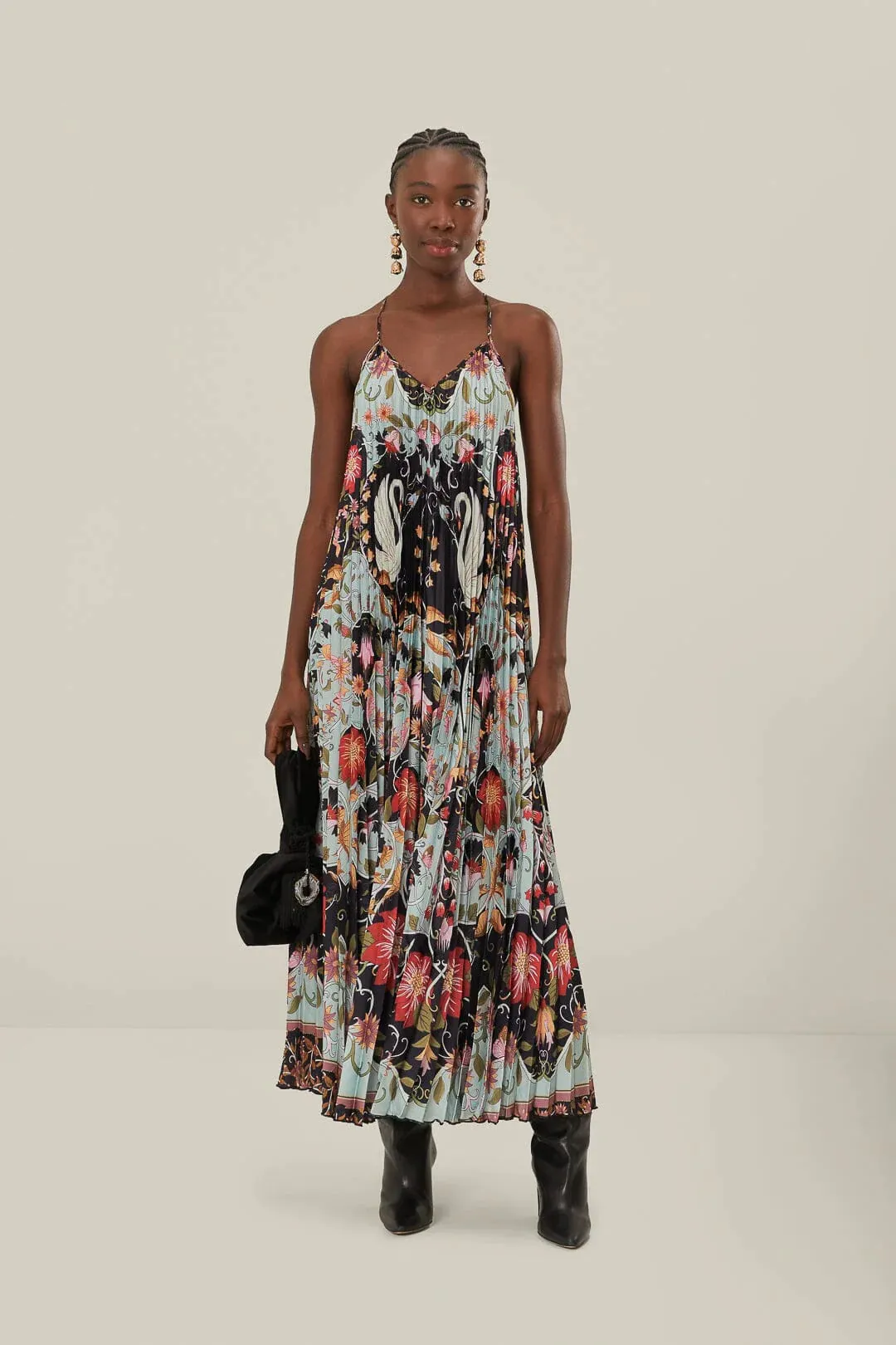 Farm Rio Blue Flowing Beauty Pleated Sleeveless Midi Dress