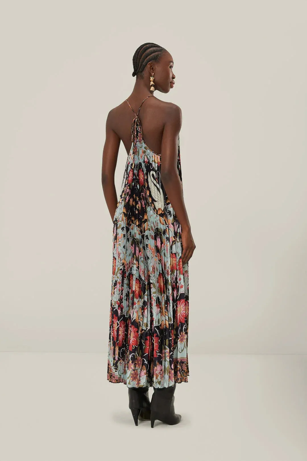 Farm Rio Blue Flowing Beauty Pleated Sleeveless Midi Dress