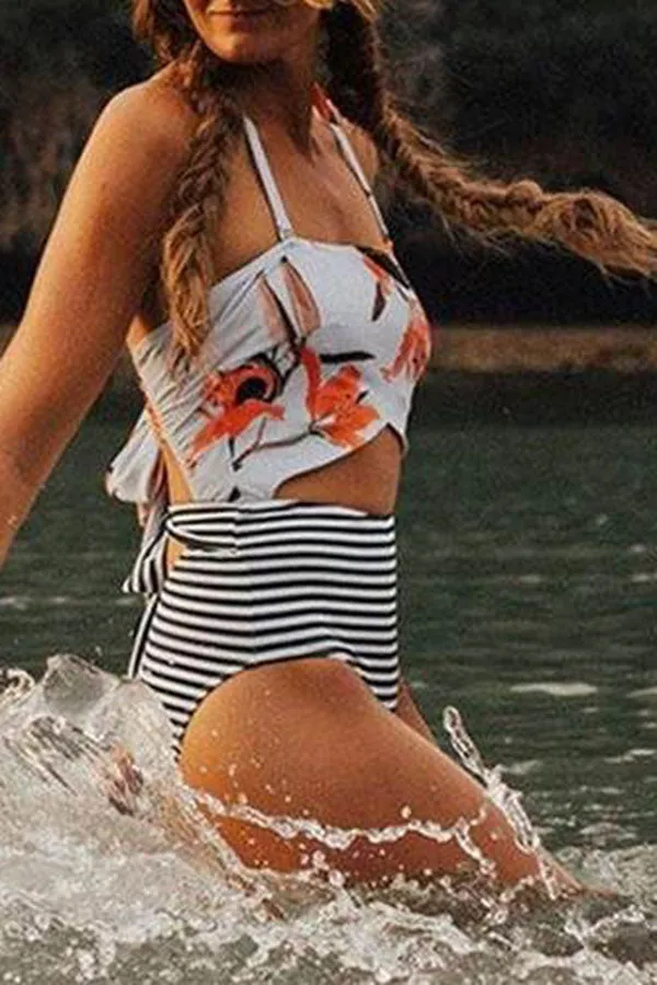 Floral Print Striped Sweet Strappy One Piece Swimwear