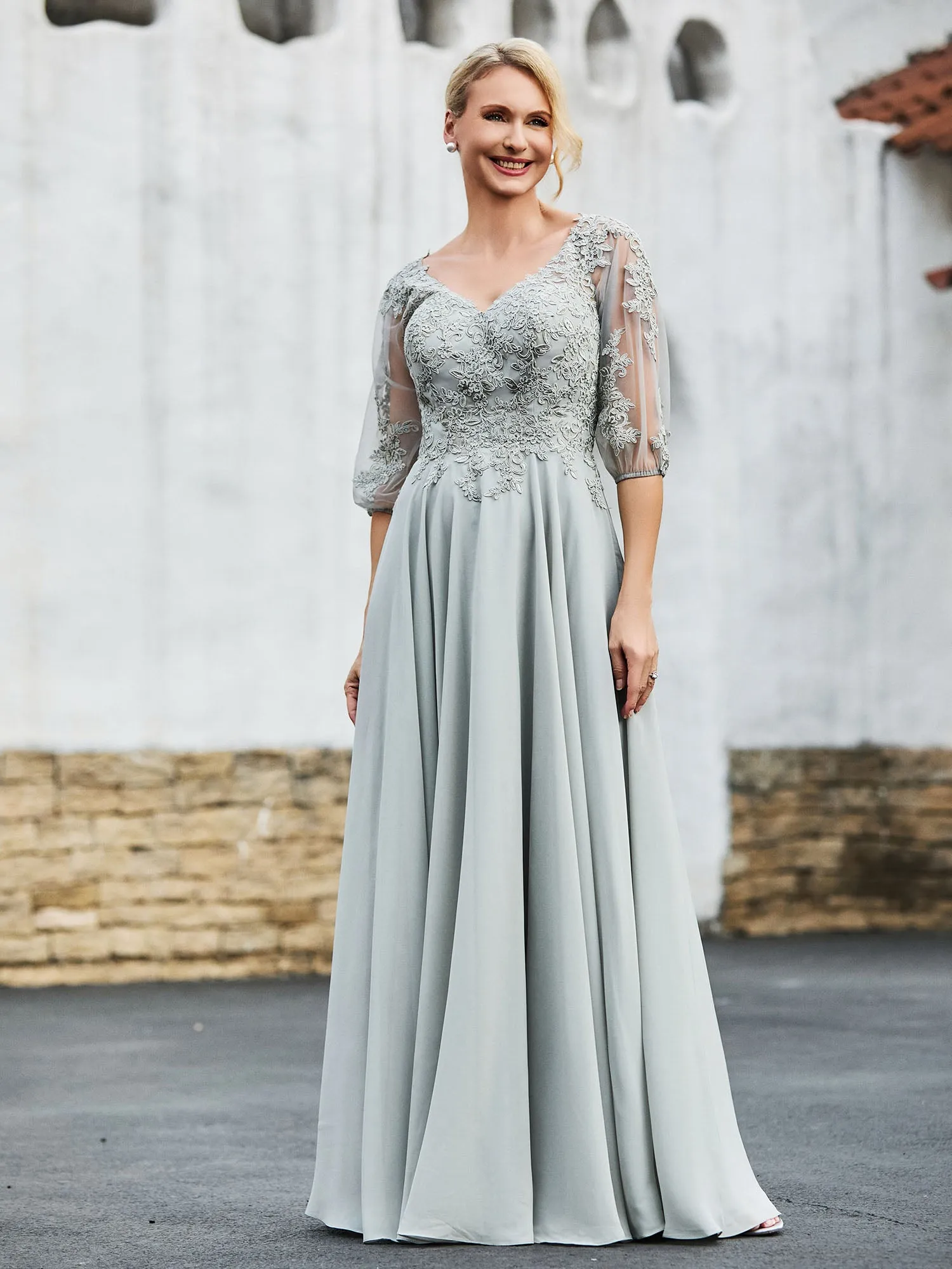 Half Sleeves Lace Top Pleated Dress Silver