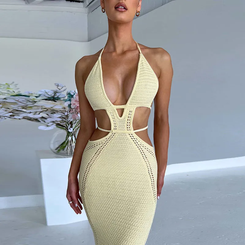 Halter Neck Crochet Knitted Cut Out Maxi Dress