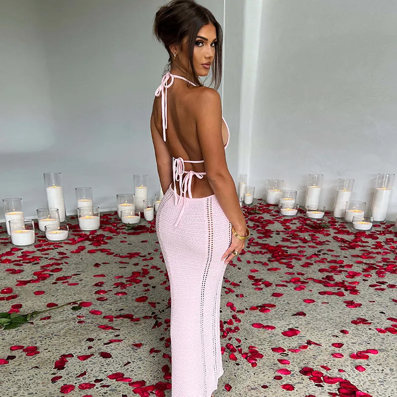 Halter Neck Crochet Knitted Cut Out Maxi Dress