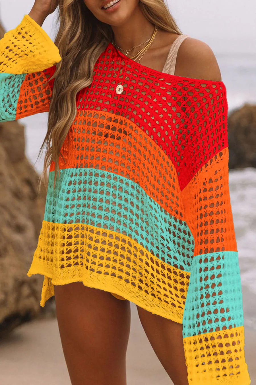 Hollow Out Rainbow Crochet Coverup Top