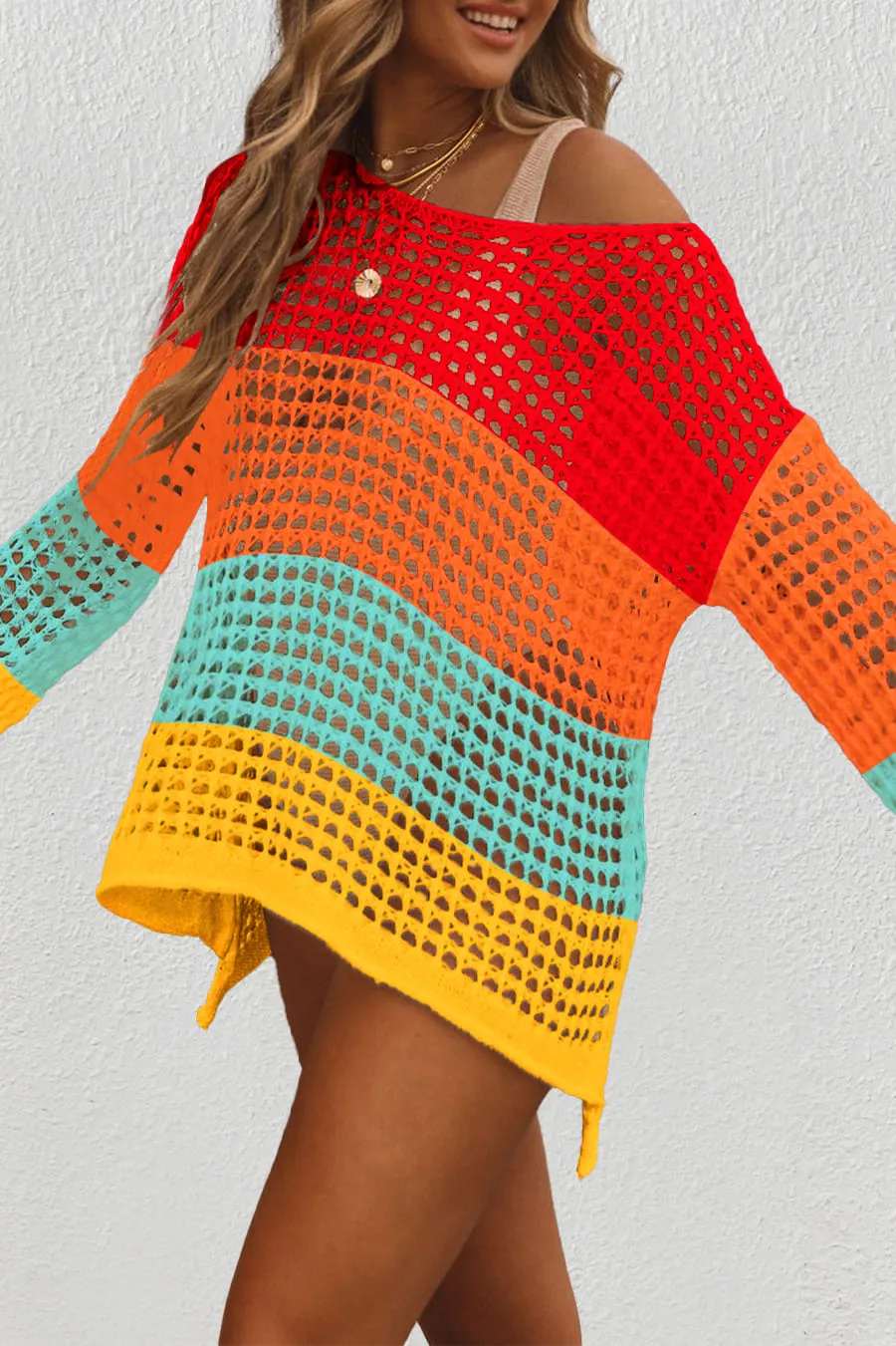Hollow Out Rainbow Crochet Coverup Top