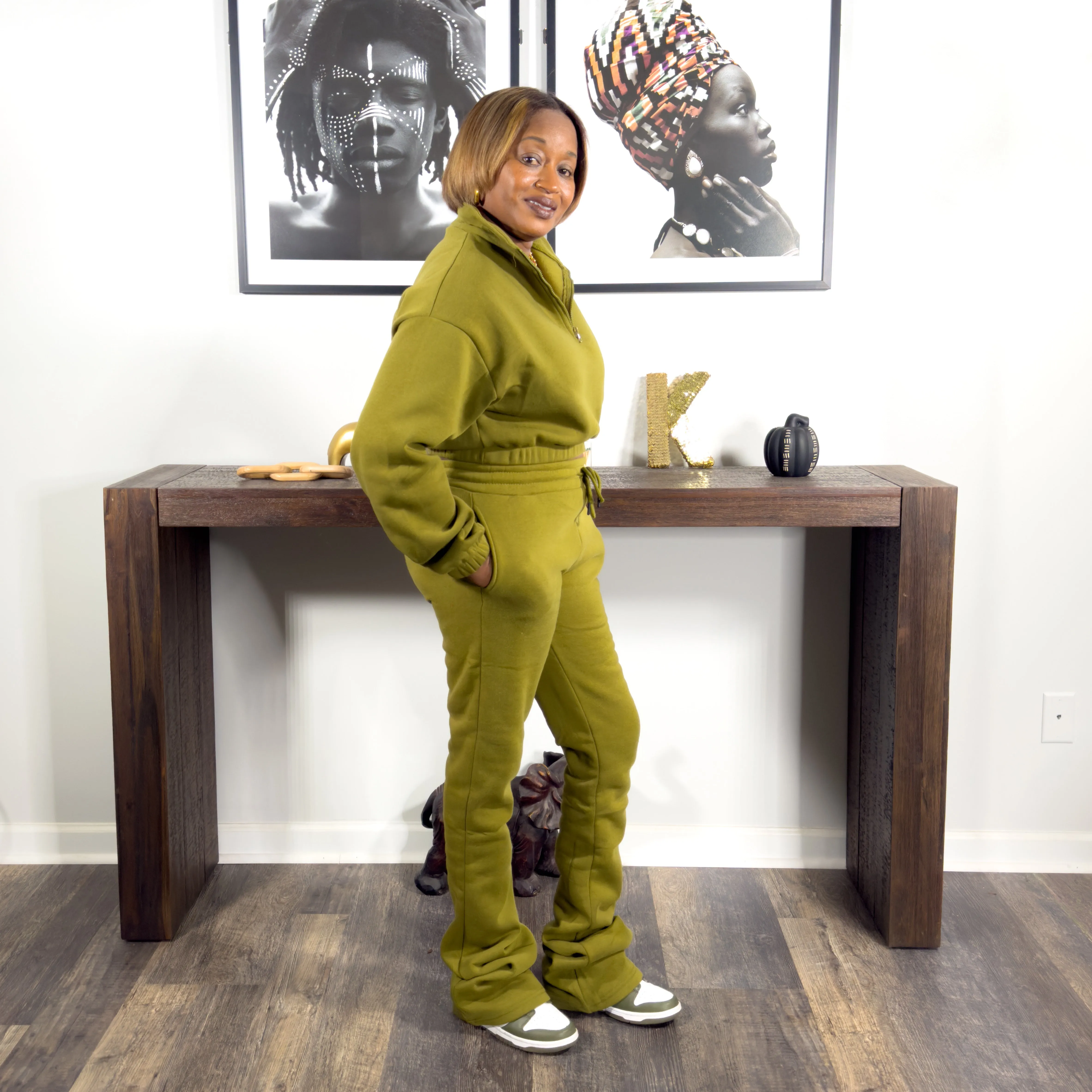 'Jai' Fleece Cropped Top & Stacked Pants Set | Olive