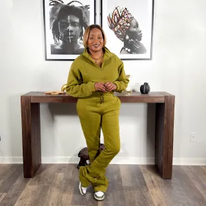 'Jai' Fleece Cropped Top & Stacked Pants Set | Olive