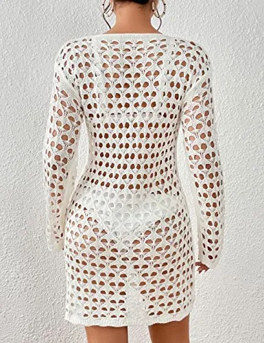 Long Sleeve Hollow Out Crochet Swimwear Cover Up