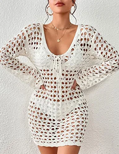 Long Sleeve Hollow Out Crochet Swimwear Cover Up