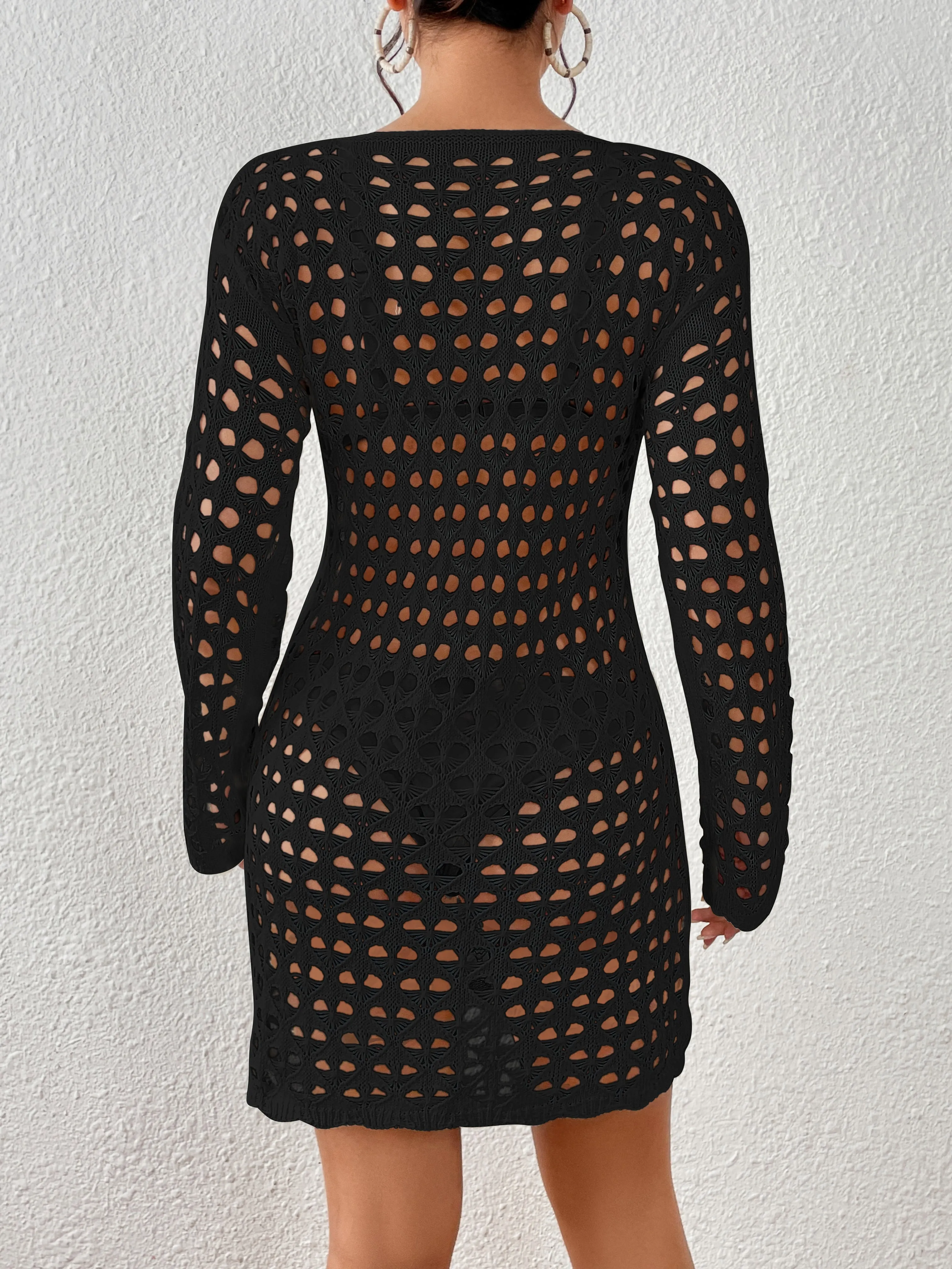 Long Sleeve Hollow Out Crochet Swimwear Cover Up
