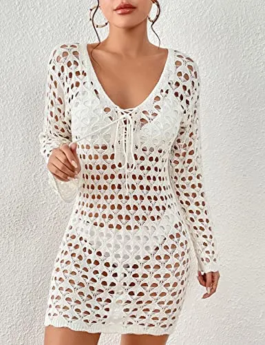 Long Sleeve Hollow Out Crochet Swimwear Cover Up