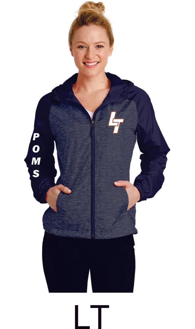 LT Poms Unisex or Ladies Heather Colorblock Raglan Hooded Windbreaker