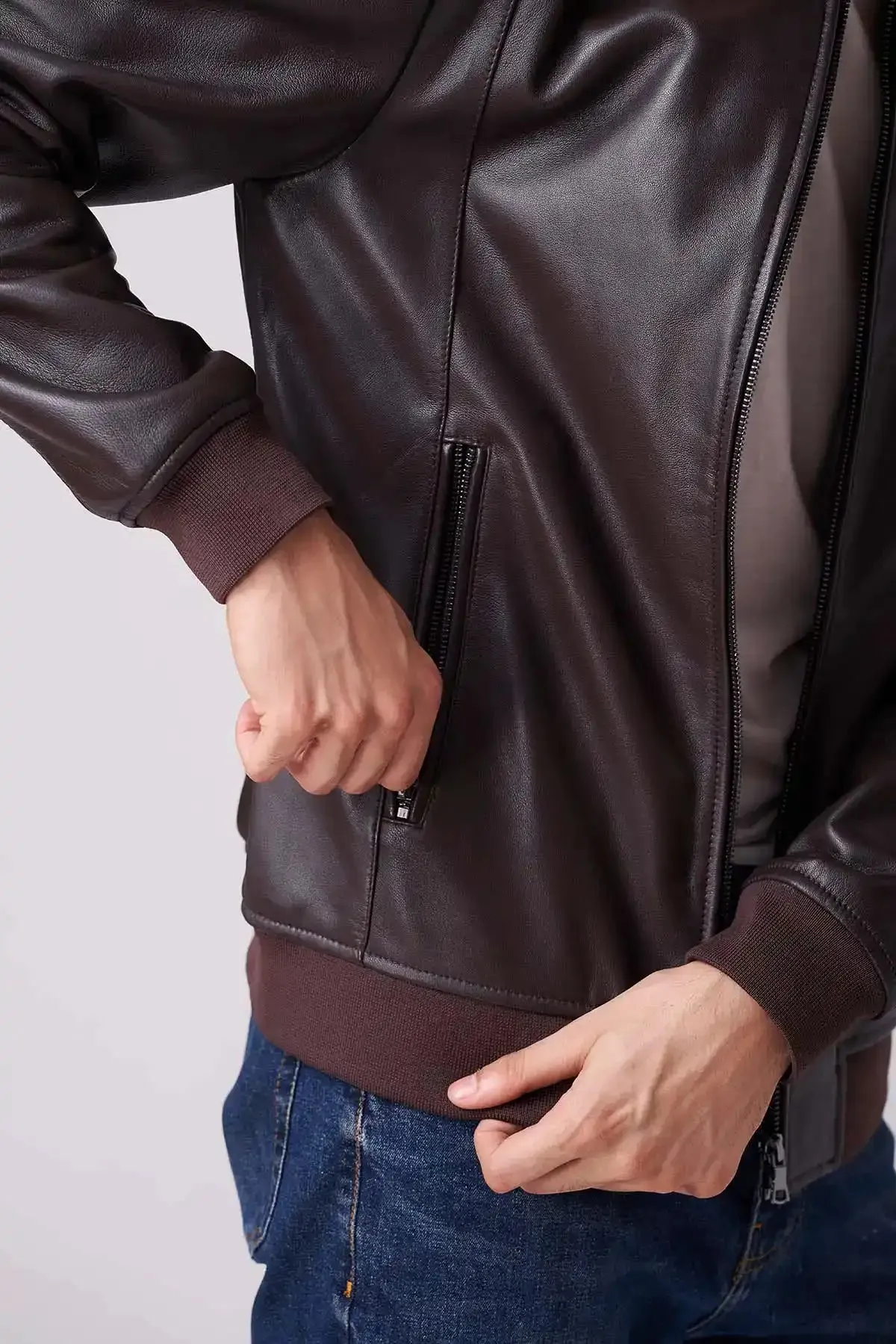 Men Classy Brown Bomber Leather Jacket