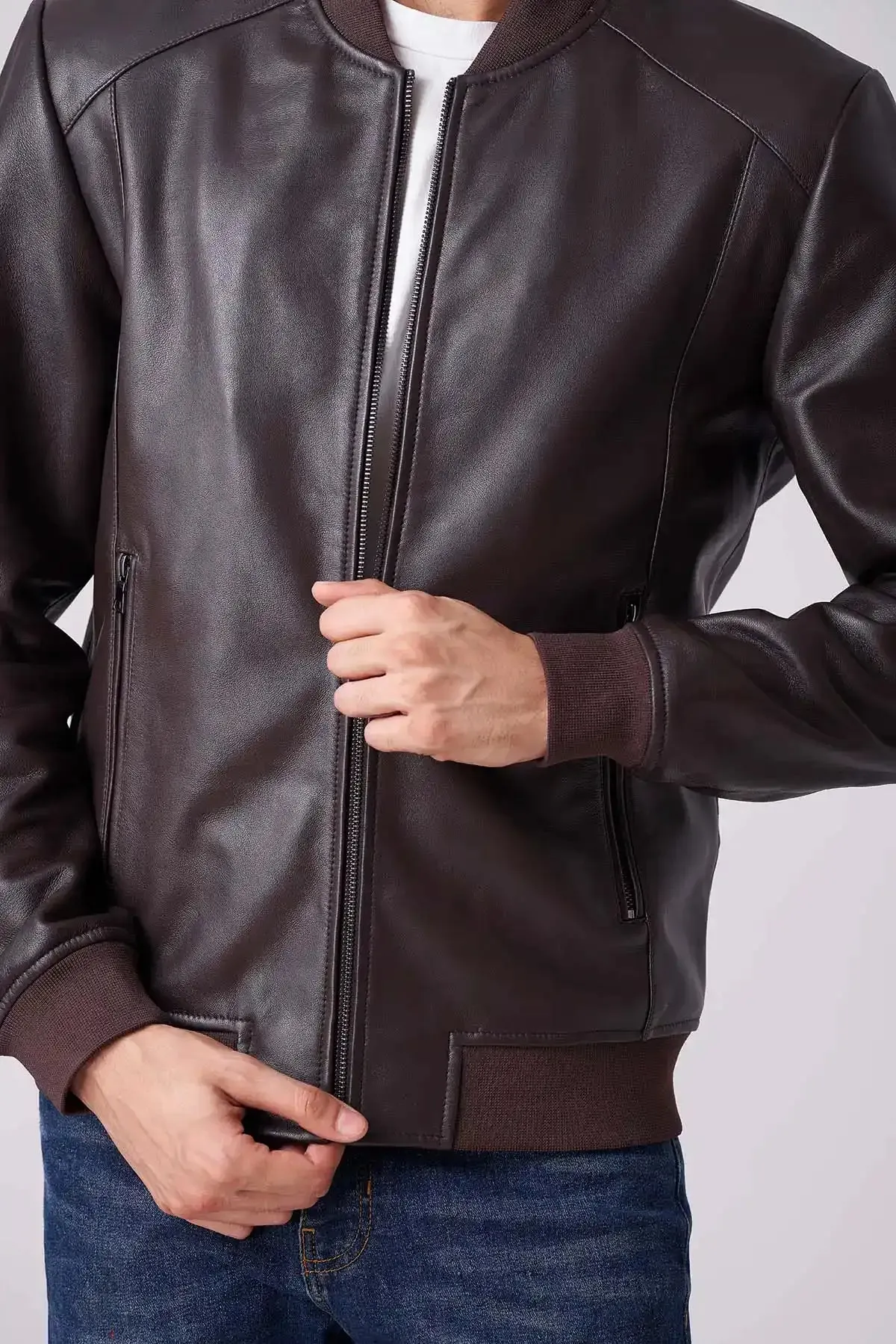 Men Classy Brown Bomber Leather Jacket