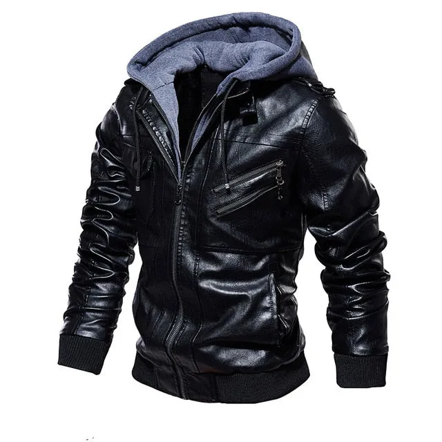 Men's Biker Motorcycle Windbreaker PU Leather Hooded Jacket