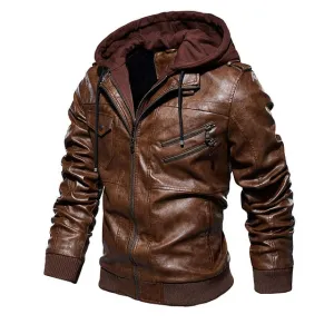 Men's Biker Motorcycle Windbreaker PU Leather Hooded Jacket