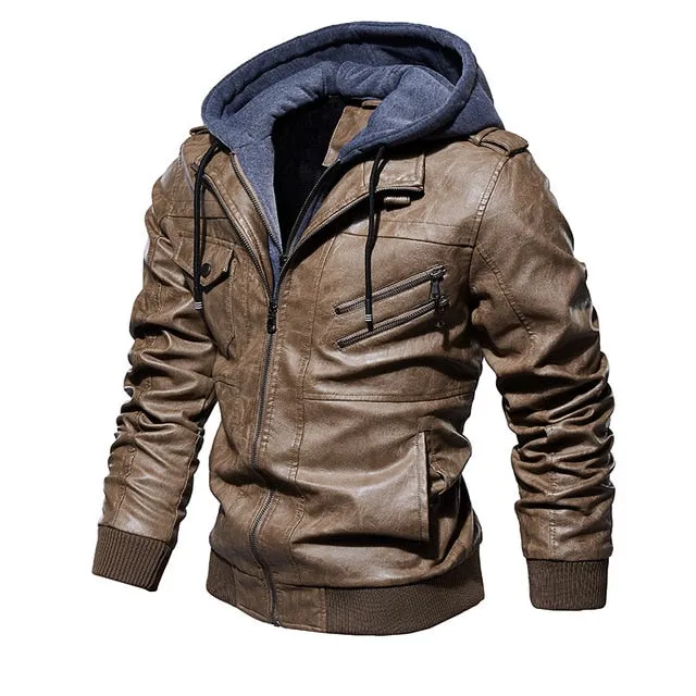 Men's Biker Motorcycle Windbreaker PU Leather Hooded Jacket