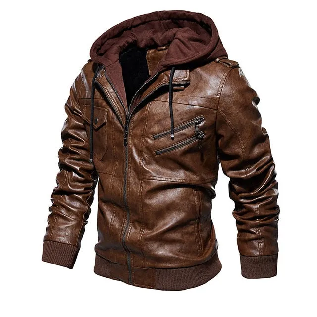Men's Biker Motorcycle Windbreaker PU Leather Hooded Jacket