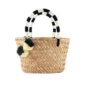 Mini St Tropez Pom Pom Straw Tote in Black and White