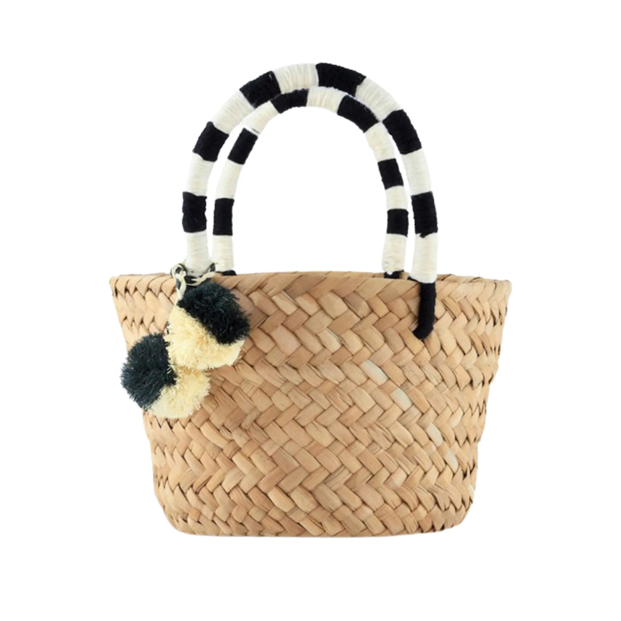 Mini St Tropez Pom Pom Straw Tote in Black and White