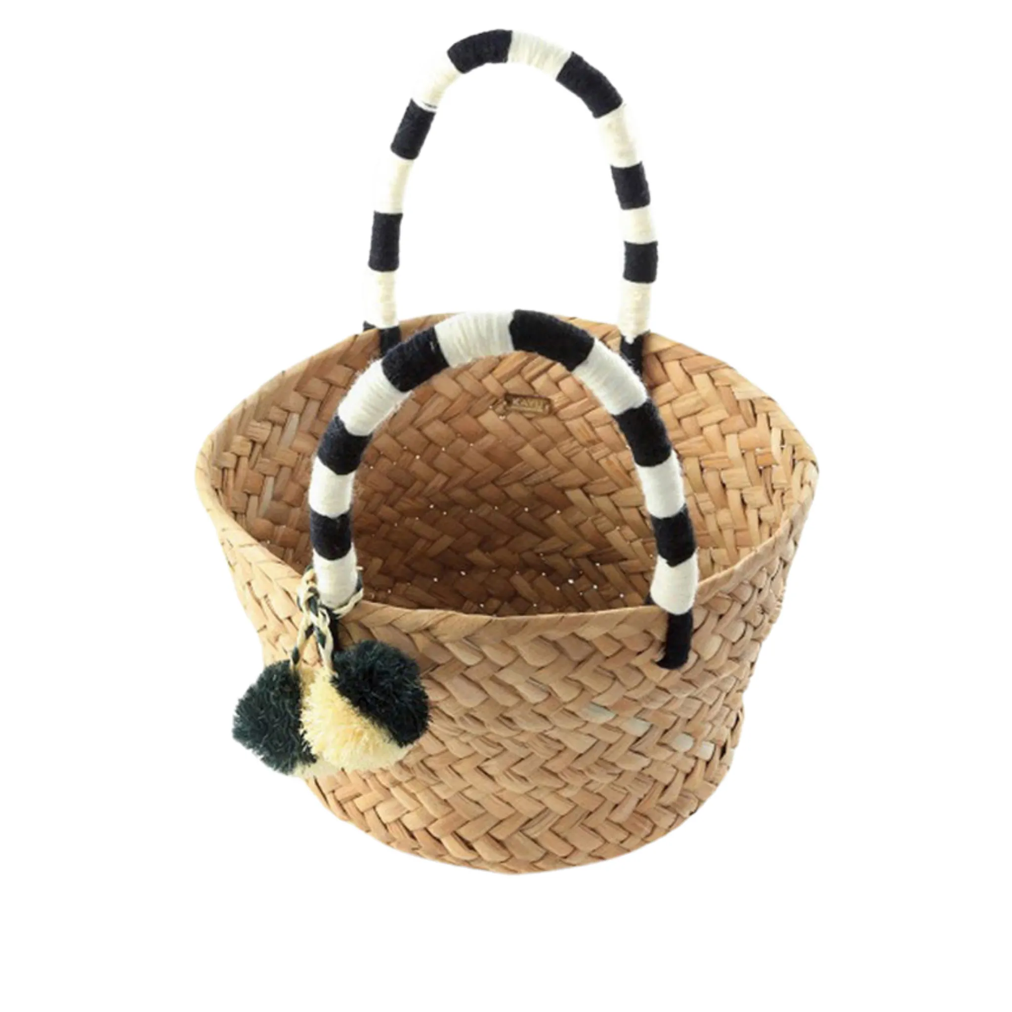 Mini St Tropez Pom Pom Straw Tote in Black and White