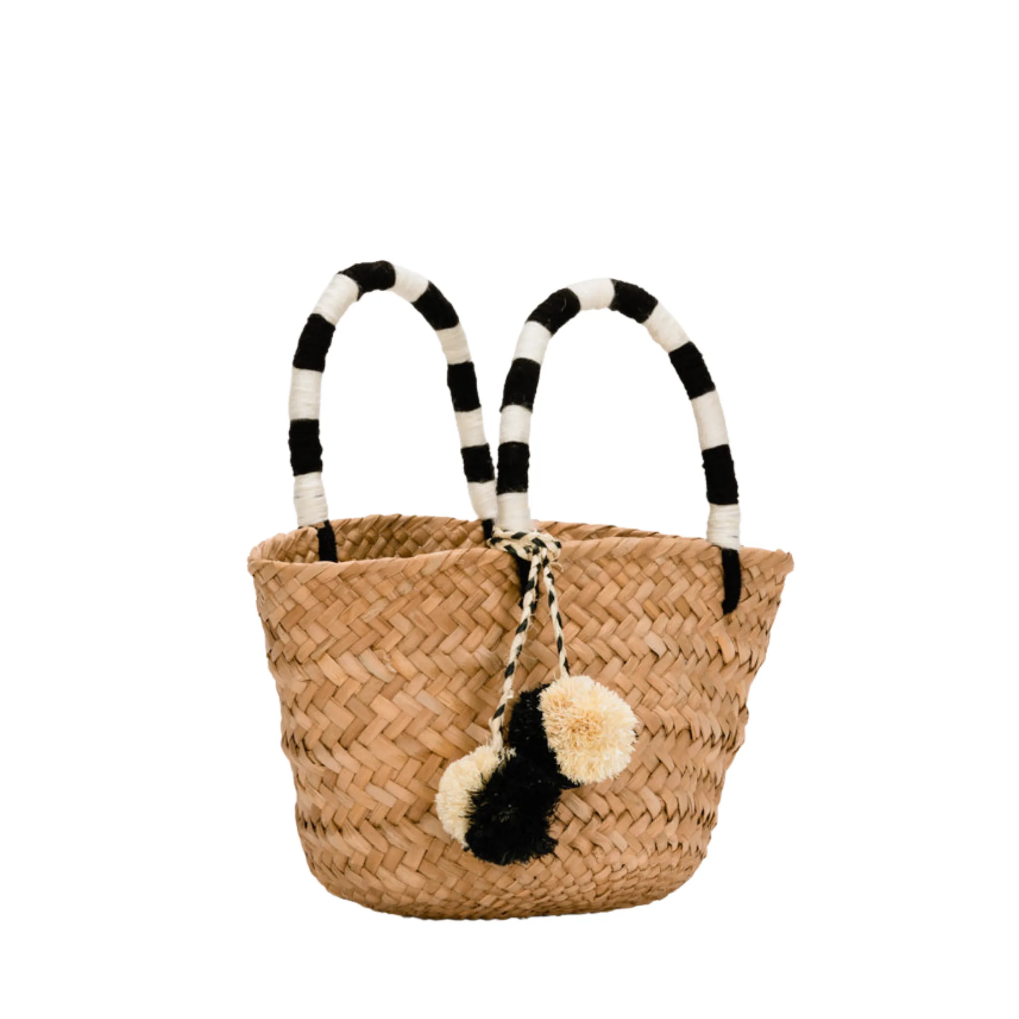 Mini St Tropez Pom Pom Straw Tote in Black and White